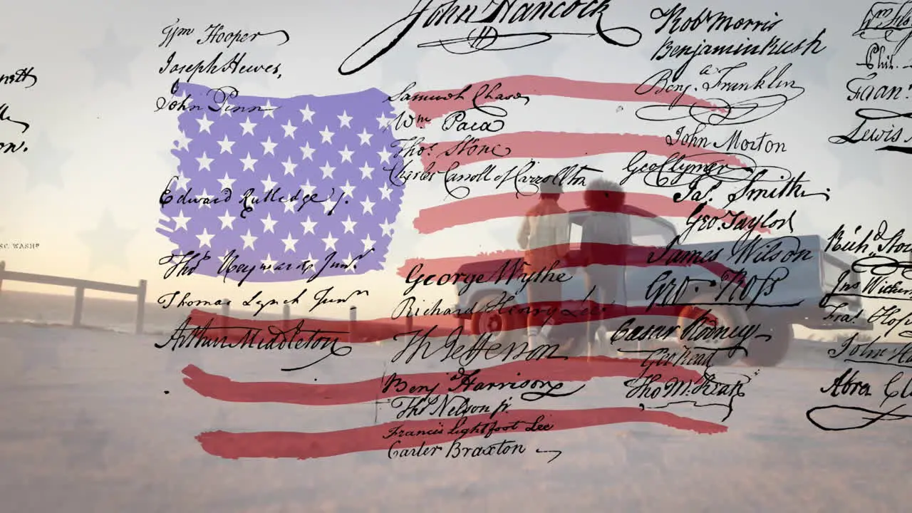 Animation of american flag and declaration over african american couple with car on sunny beach