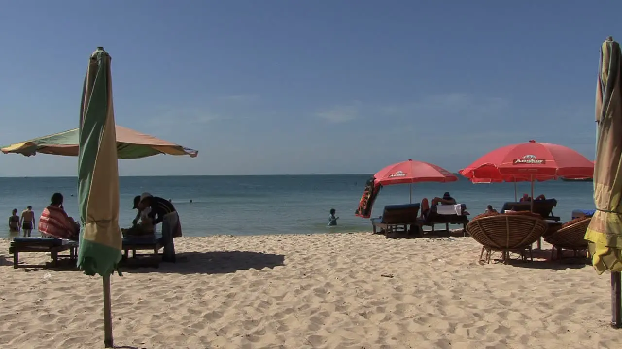 Cambodian beach with umbrellas