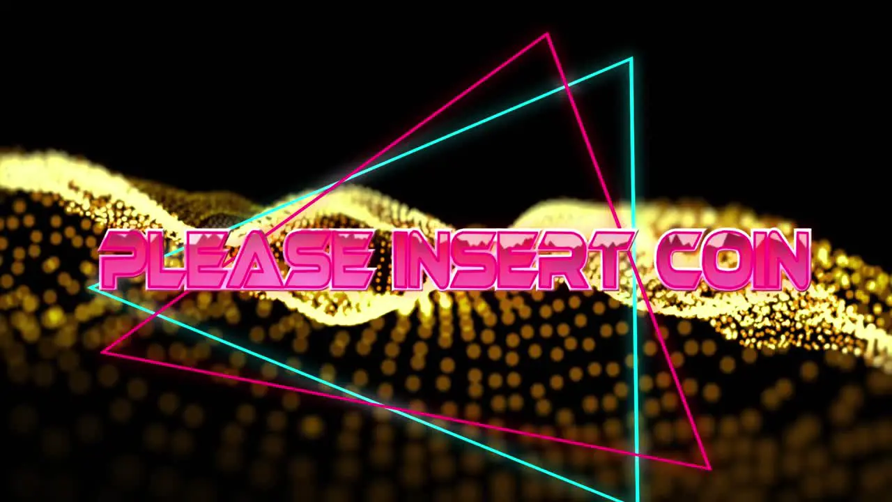 Animation of please insert coin text in metallic pink letters with triangles over yellow mesh