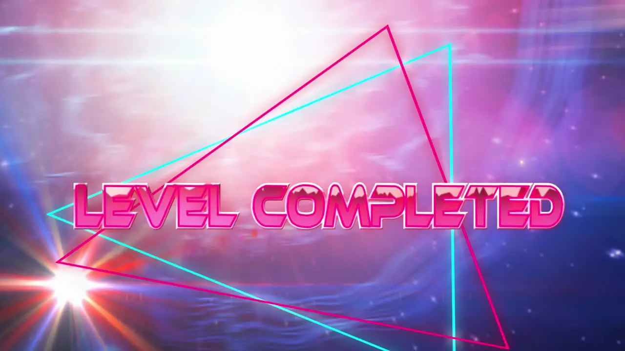 Animation of level completed text in metallic letters on pink and blue triangles and universe