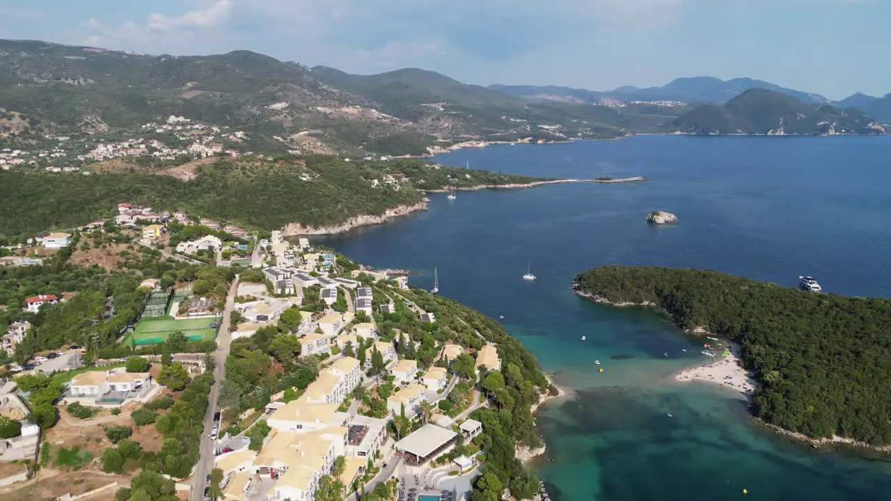 Syvota scenic coastline island and sandy beach in Epirus Greece Aerial