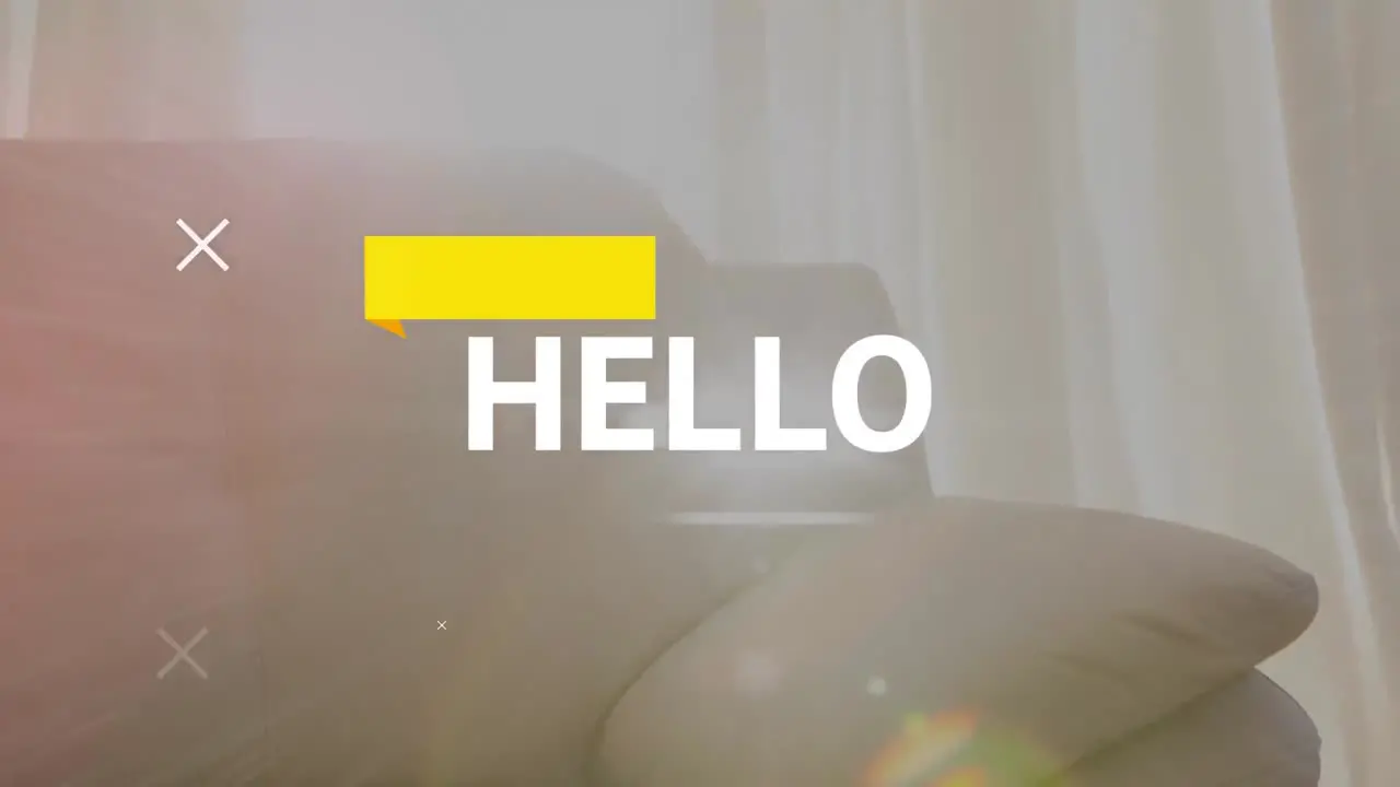 Animation of hello text in white with white markers over sofa in living room with glowing lights