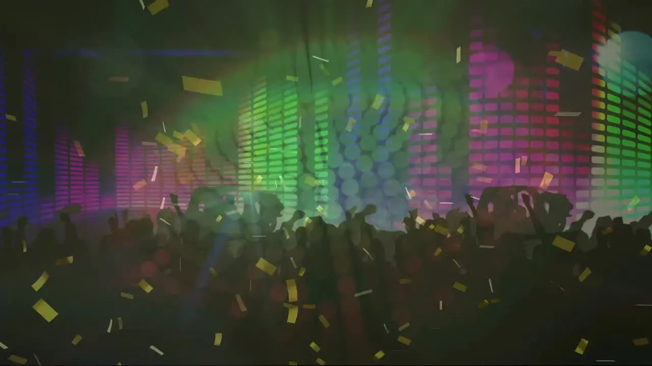 Animation of glowing lights over dancing people on dark background