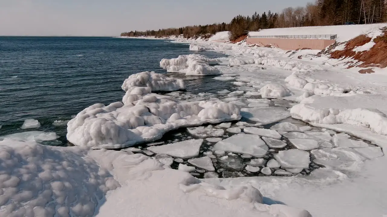 Snowy And Icy Coast In Minnesota During Winter aerial shot