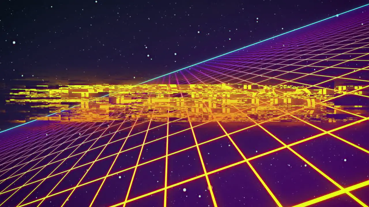 Animation of neon flickering game over text over glowing yellow grid