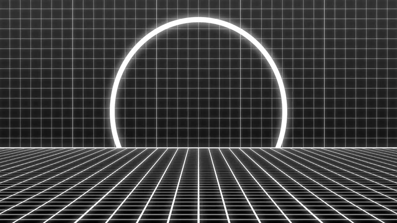 Animation of white neon circle over moving white grid