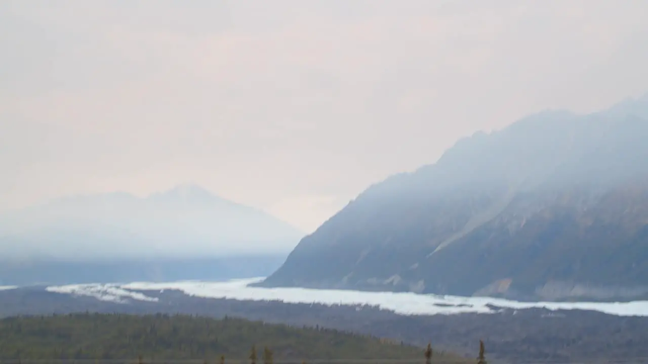 View of scenic landscape with icecaps along the alaskan highway heading towards Anchorage Alaska