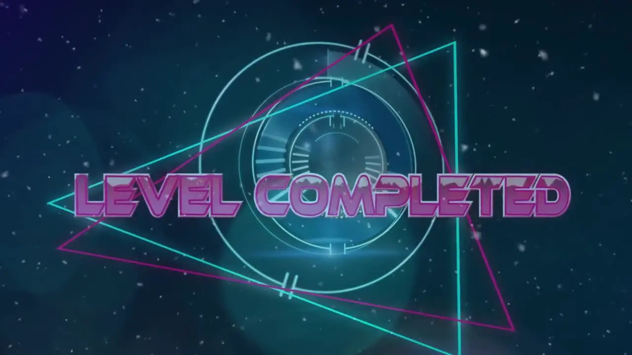 Animation of level completed text in metallic pink letters over scope scanning