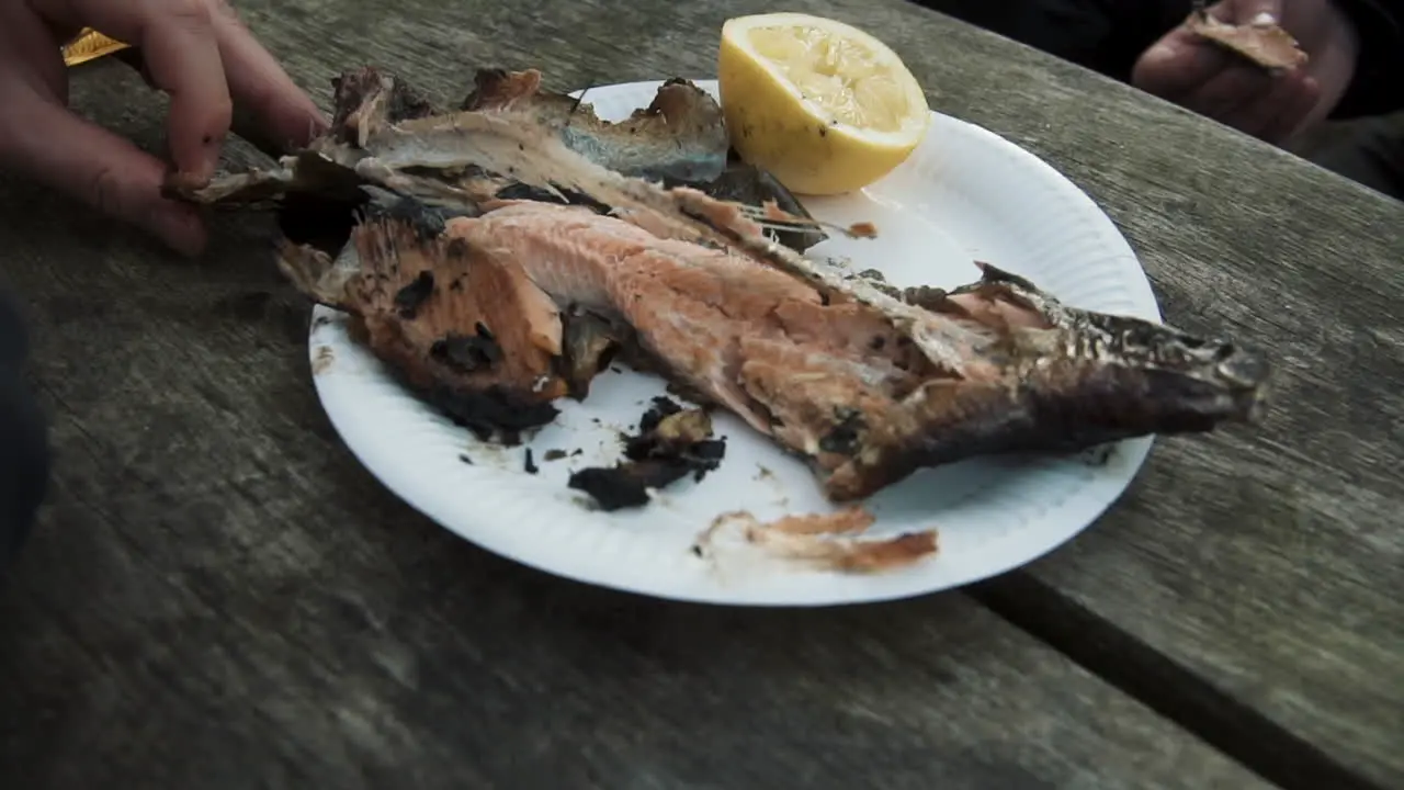 Grilled fish outdoors eating with hands