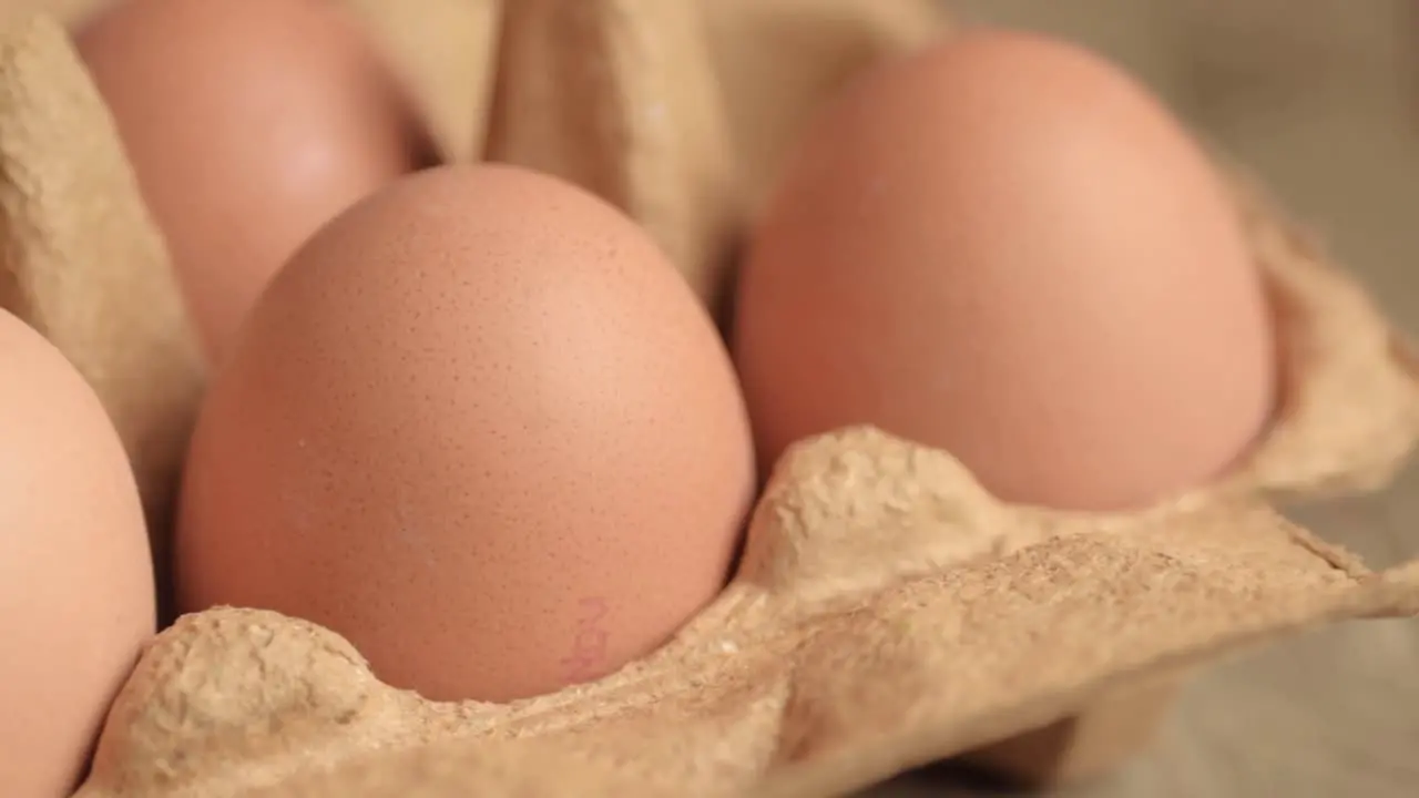 Fresh brown eggs in an egg box pan macro close up