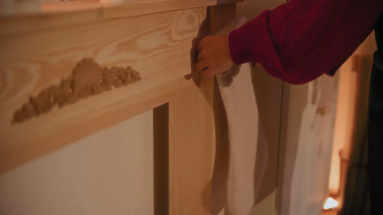 Woman hanging stocking on table at home