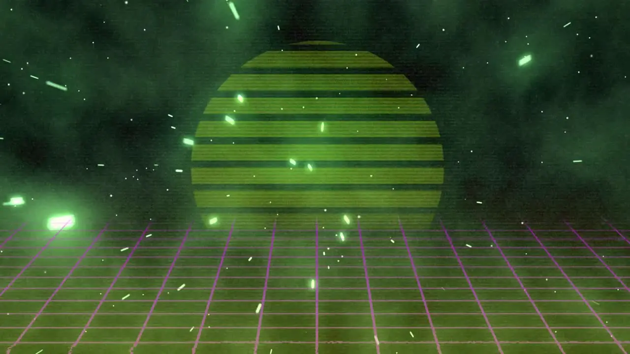 Animation of glowing sun with green spots moving on grid