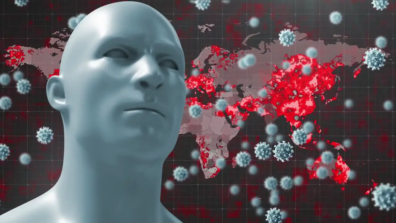 Animation of human face model and virus cells over burning world map