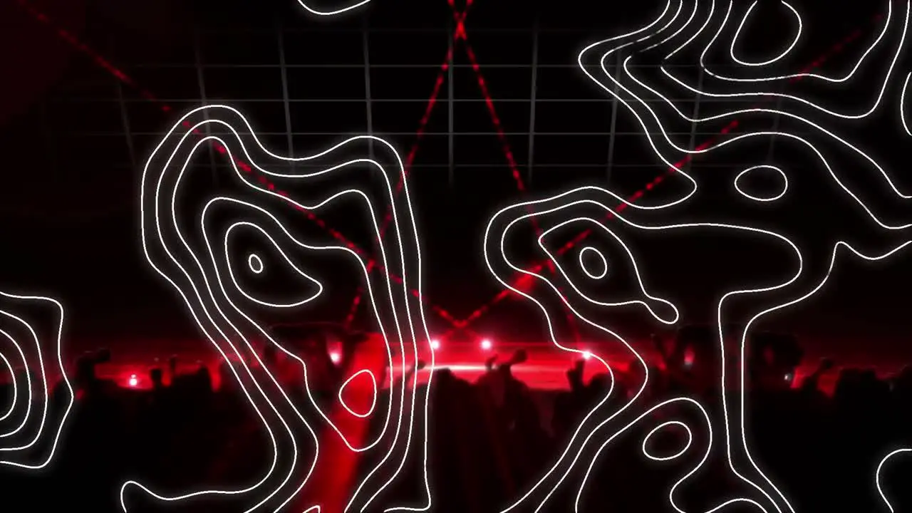 Animation of people silhouettes dancing with red spotlights and white lines