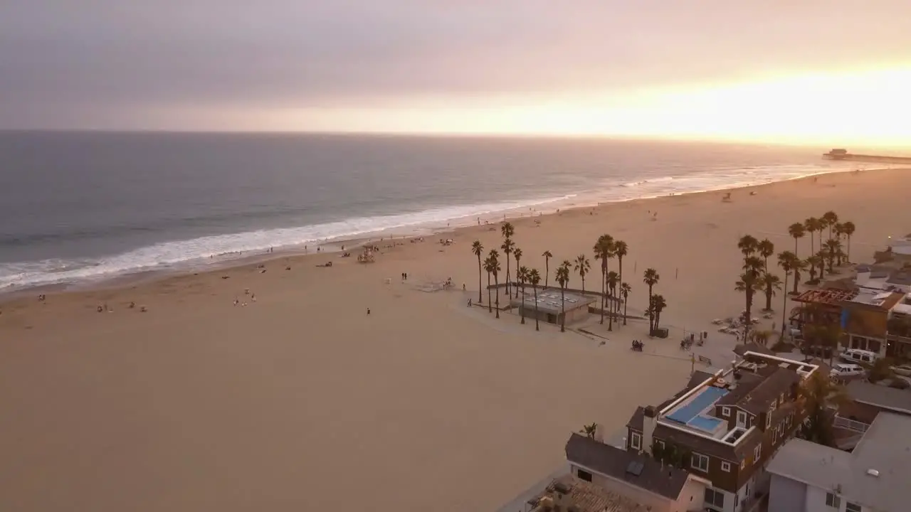 A flight over a Southern California Beach at sunset