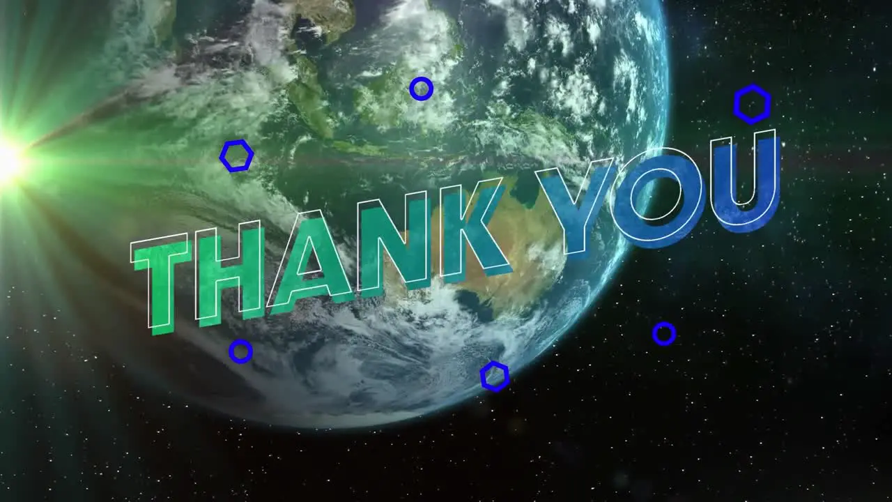 Animation of thank you text in green to blue letters and blue hexagons over earth and universe