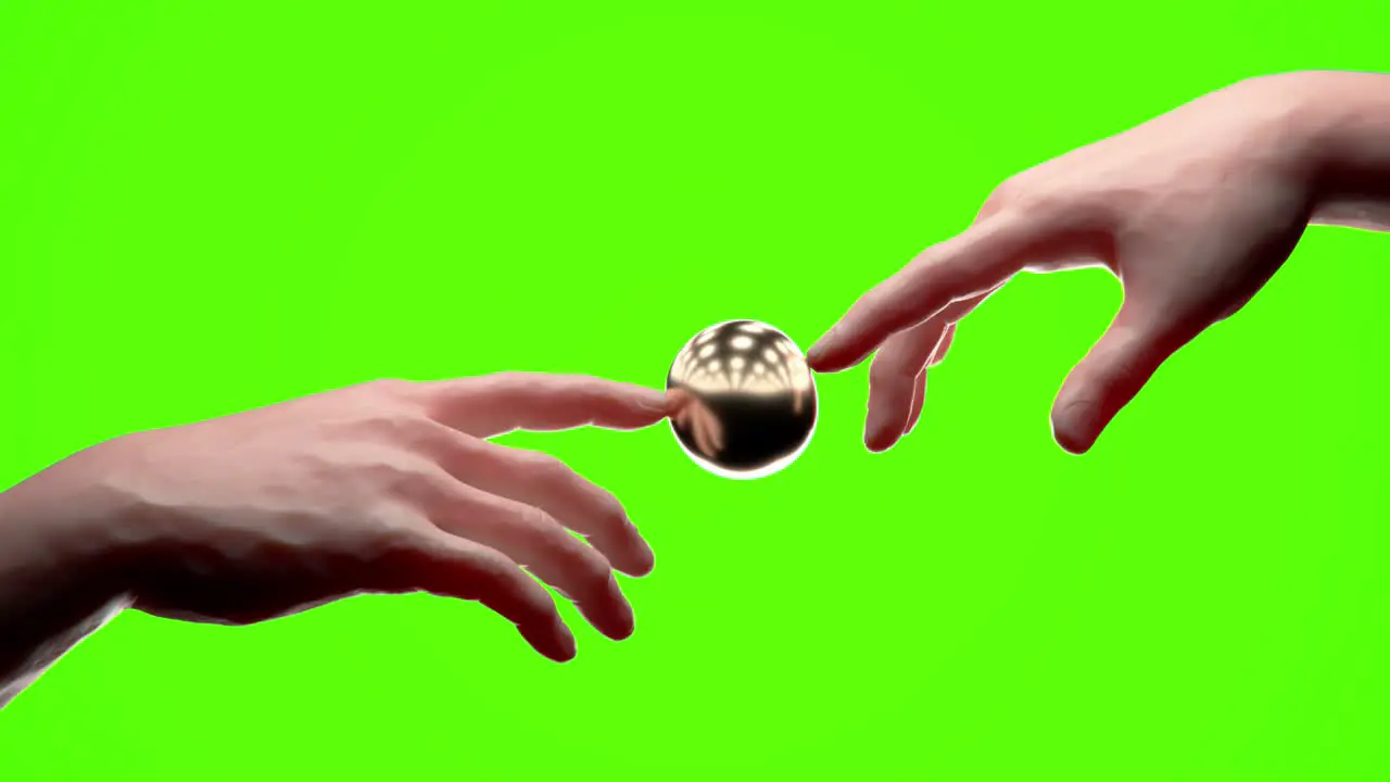 -There are two hands like Michelangelo 'God Touching Adam' -Touching the golden sphere -3D Loop Animation -On Green Screen -1920 x 1080