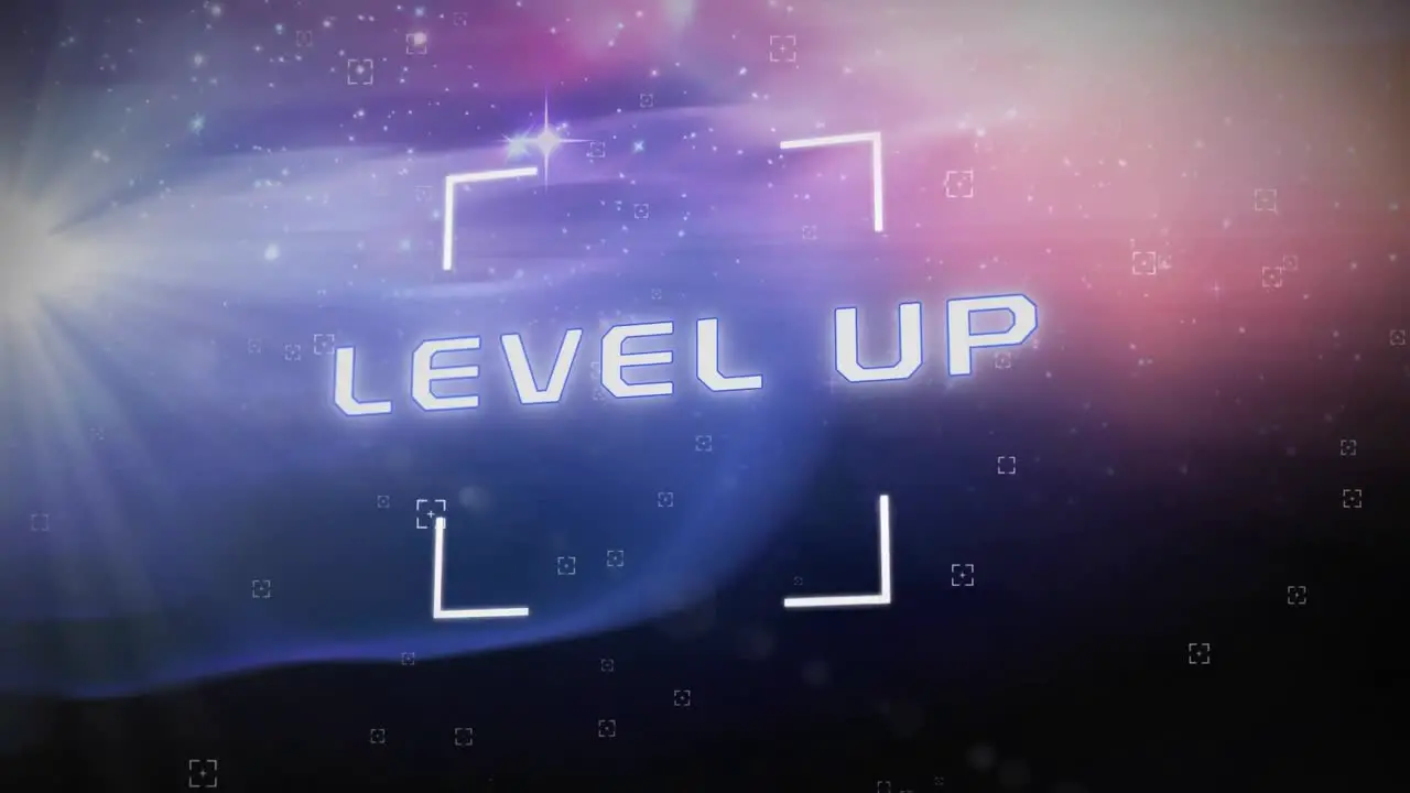 Animation of level up text in white marker over pink to blue universe in background