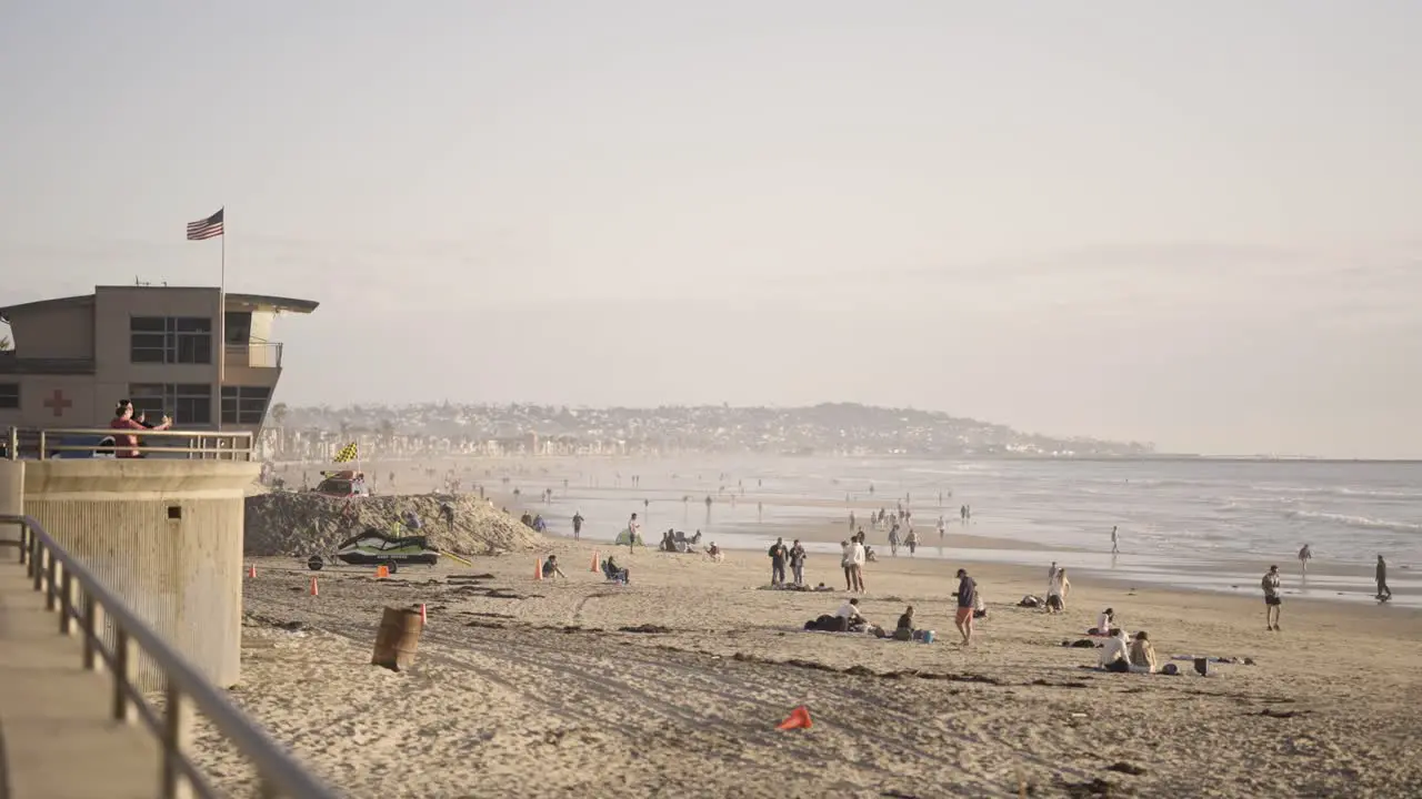 Pacific Beach California Sunset with Waves Crashing on Beach Life Guard or Beach Patrol Tower