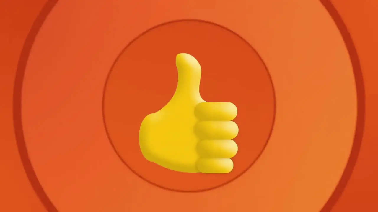 Digital animation of thumbs up icons against concentric circles on orange background