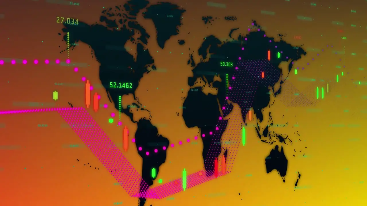 Animation of financial data processing over world map and orange background