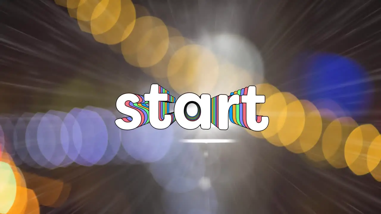 Animation of start text in rainbow coloured letters over yellow purple and blue spots