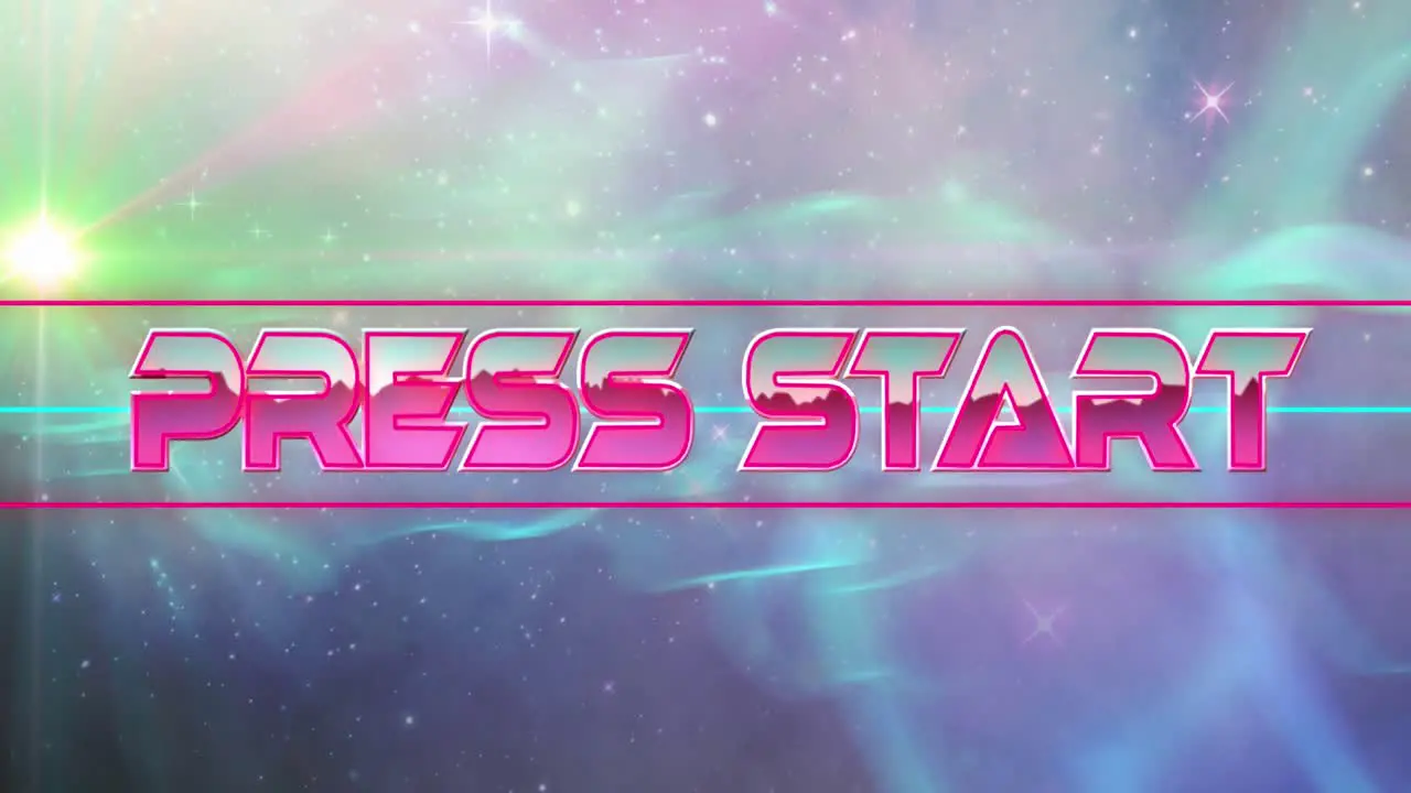 Animation of press start text in metallic letters over pink and blue lines and universe