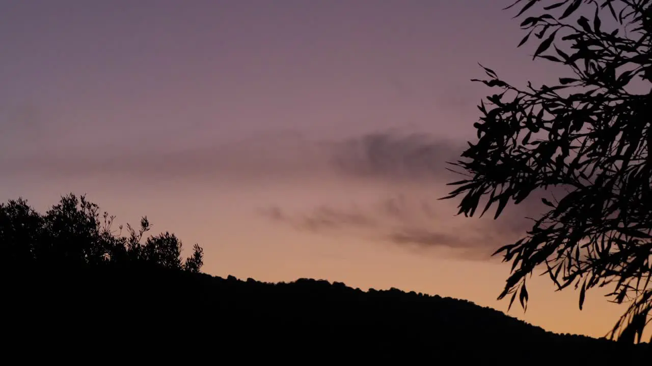 Soft purple sky after sunset with hills and tree in dark silhouette in the evening in Chia Southern Sardinia Italy