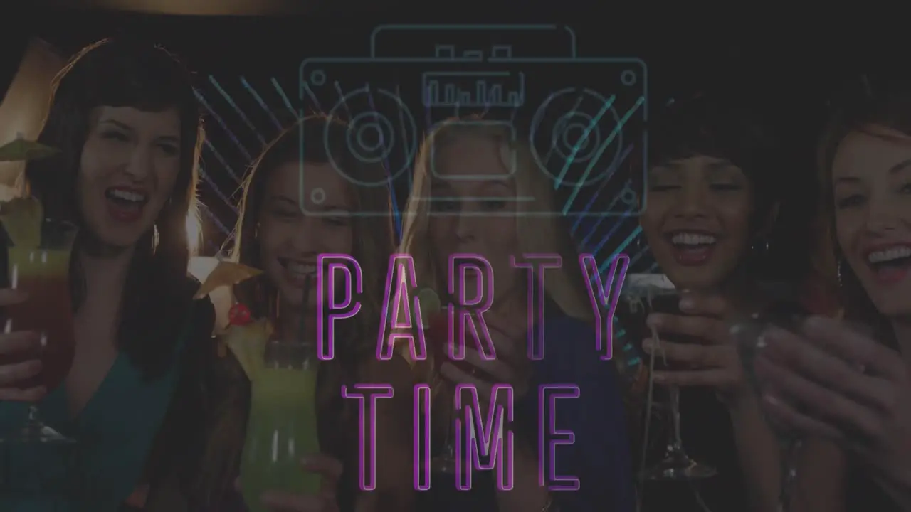 Animation of party time text in pink over smiling female friends making toast in bar