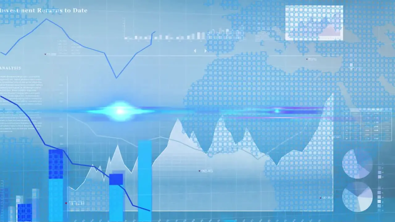 Animation of diverse data processing over screens in blue and black space