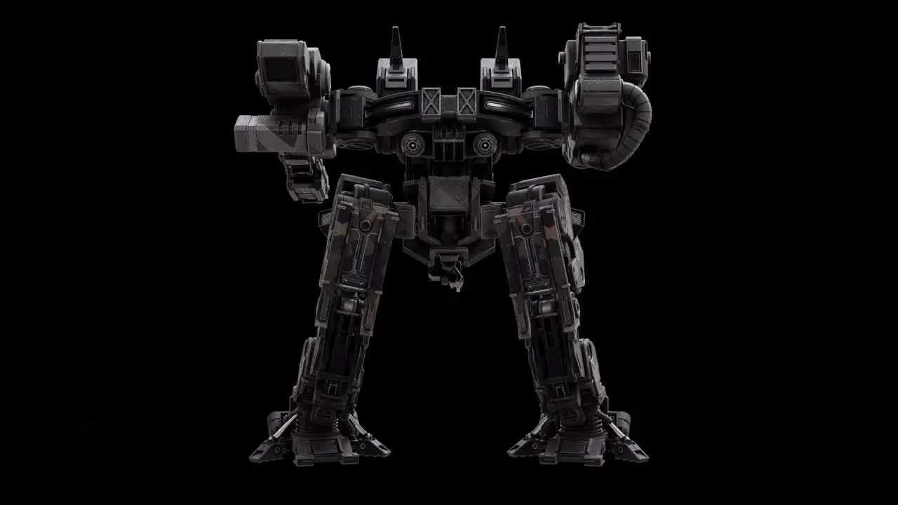 Detailed 3D model of the robot warrior futuristic machine rendering animation rigged skeletal structure idle standing front side cockpit view overlay with alpha matte channel SCI-FI concept