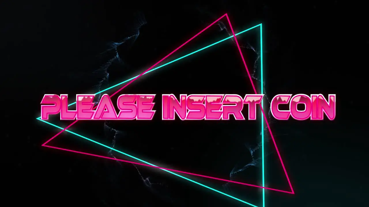 Animation of please insert coin text in metallic pink letters with triangles over smoke trails