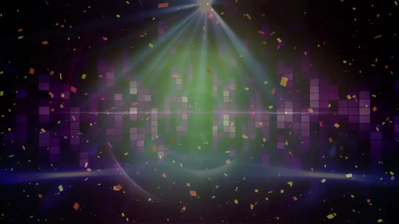 Animation of colorful glowing moving lights over glowing lights on dark background