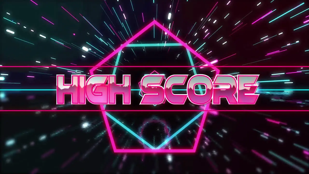 Animation of high score text in metallic pink over neon hexagons and lights on black background