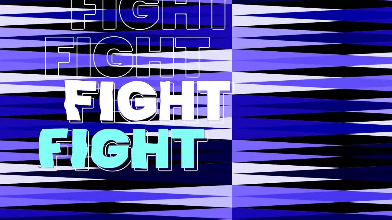 Animation of fight text in white and blue over blue pattern in background