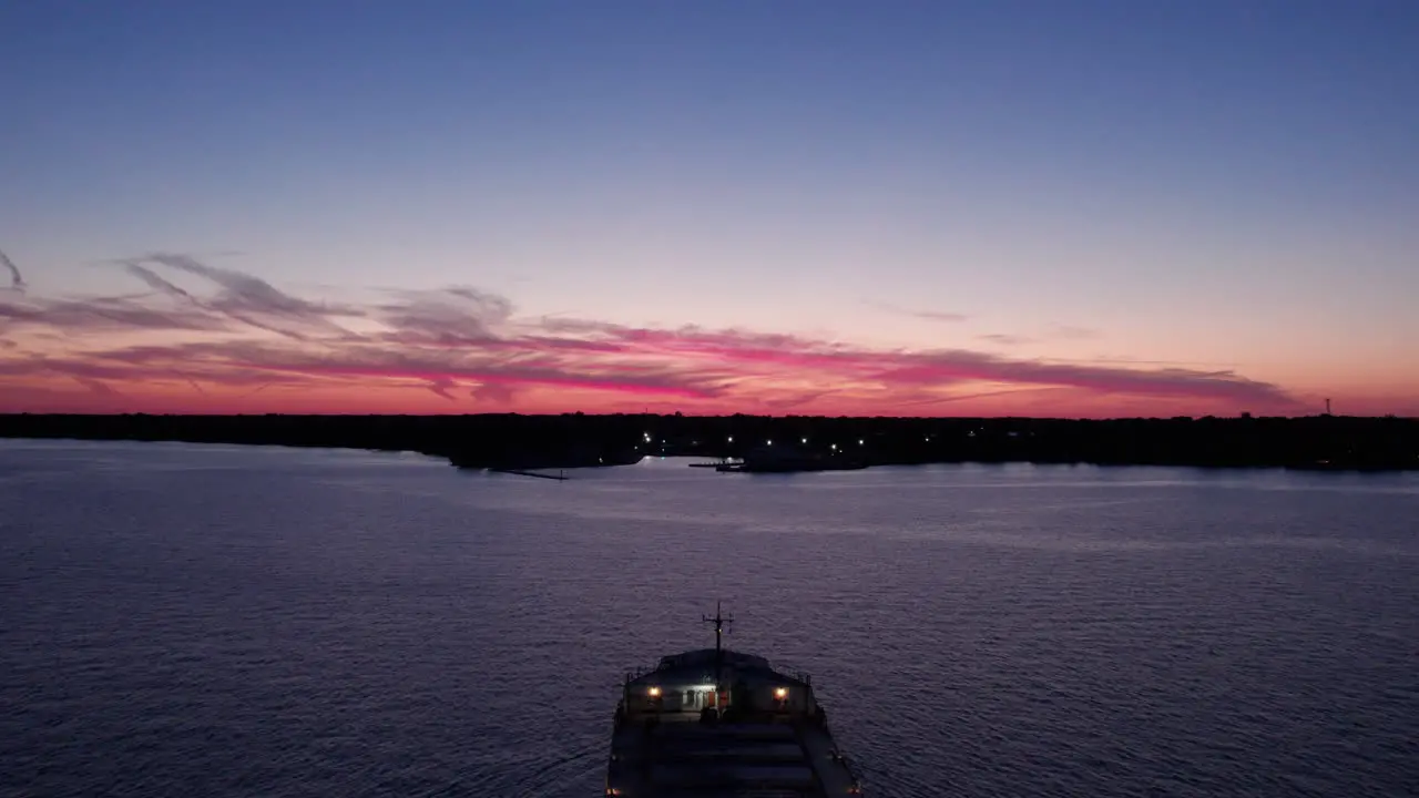 Flying Above Bulk Cargo Ship Adrift On Water Surface Near Kingsville Harbour In Ontario Canada