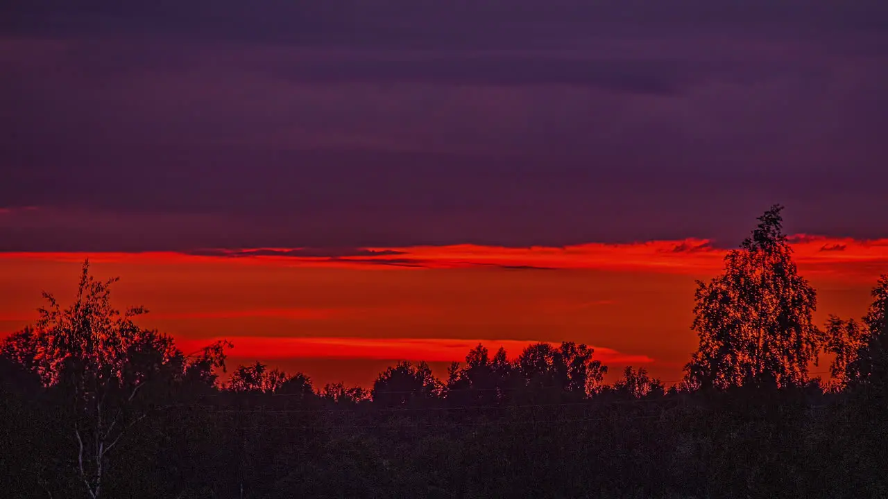 Time lapse of reddish cloudy sunset over vegetated place