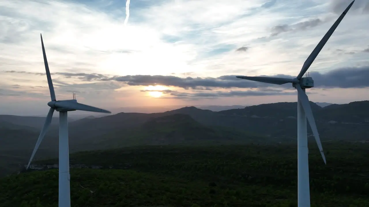 Aerial view of wind turbines at sunset at Trucafort Pradell de La Teixeta Tarragona in Spain