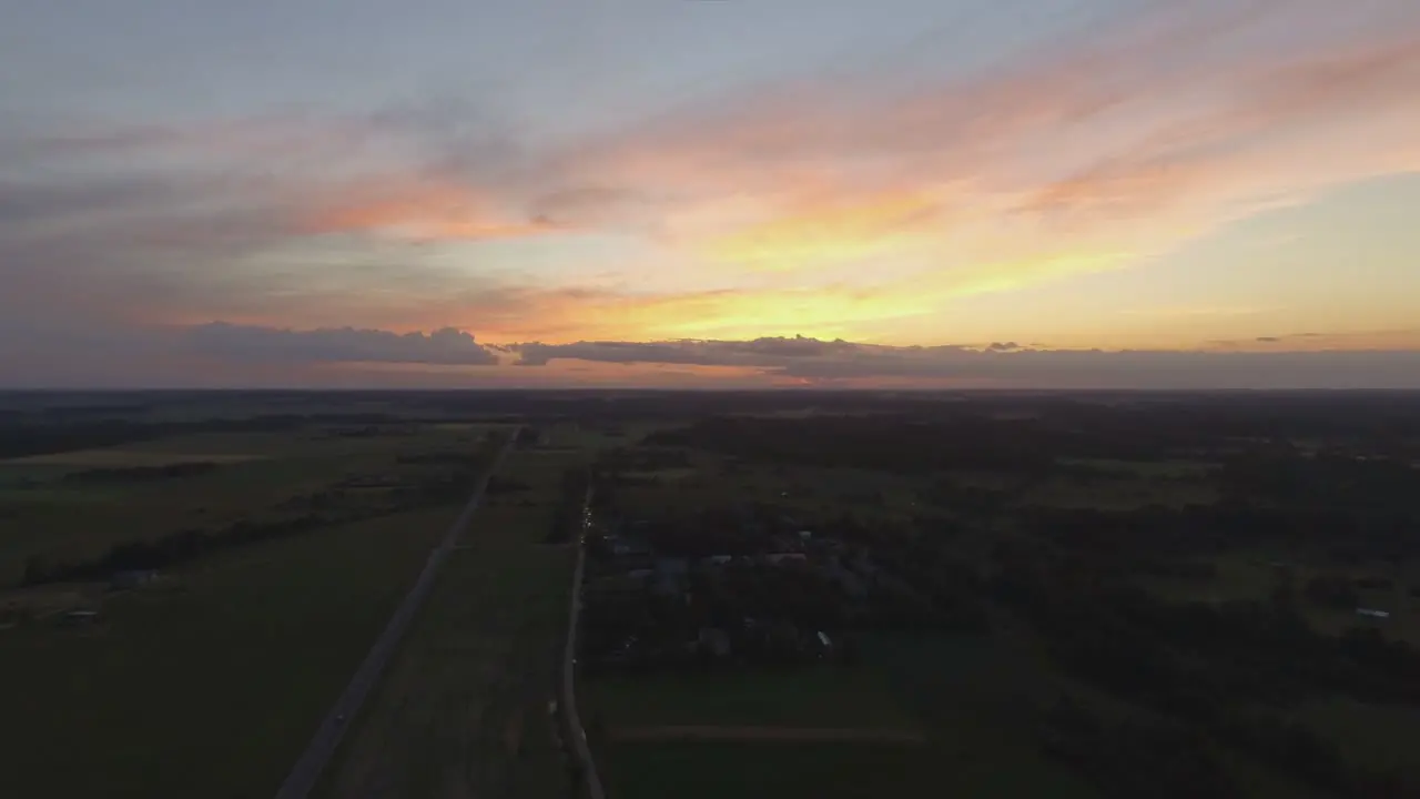 Colorful Sunset Sky Over Rural Area And Road Late In The Evening