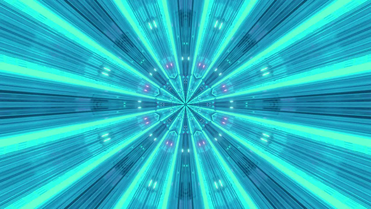 VJ loop flight in an endless tunnel of turquoise blue and pink light rays and star shapes