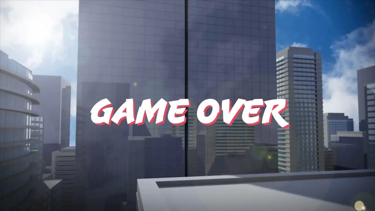 Animation of game over on skyscrapers cityscape