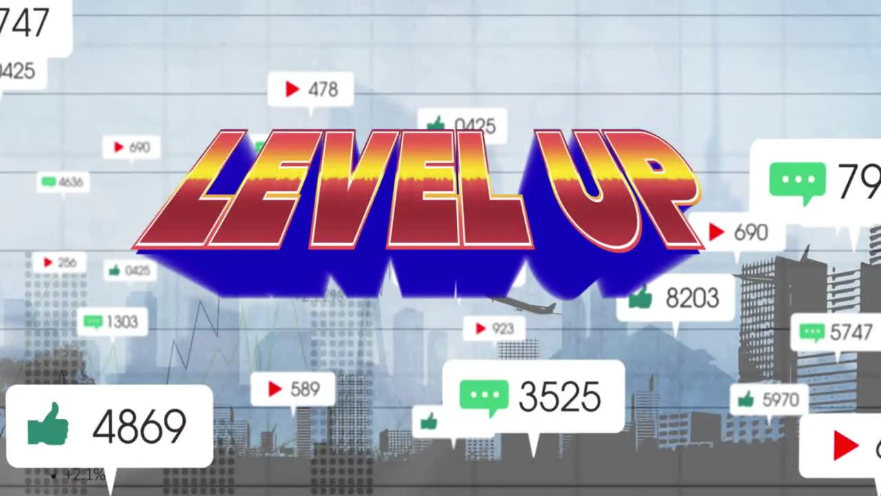 Animation of level up text and icons over digital cityscape