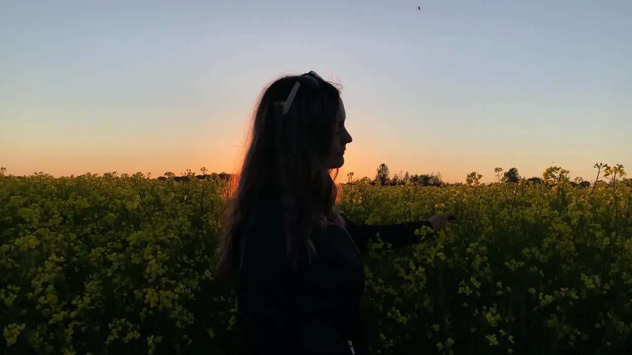 Girl with sunglasses walking near raspeed field during sunset