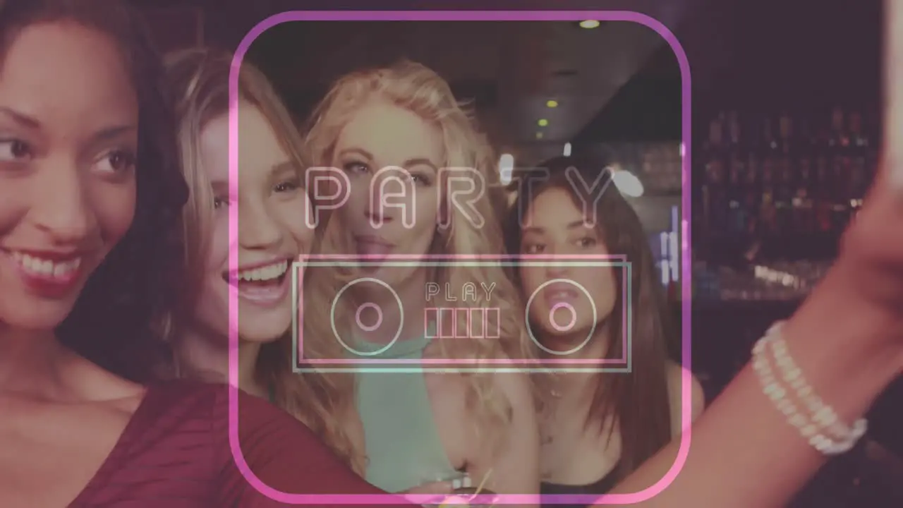 Animation of neon party text in pink frame over smiling female friends making toast in bar