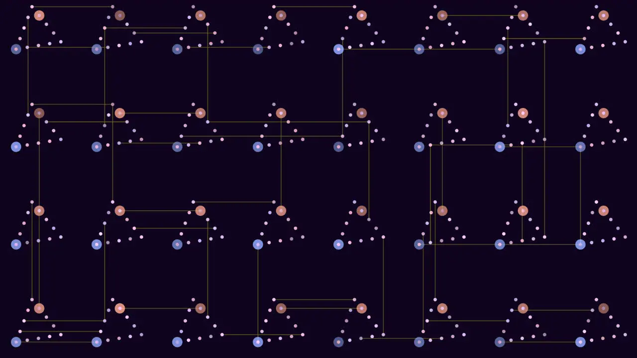 Connected purple and green dot chain pattern on black background