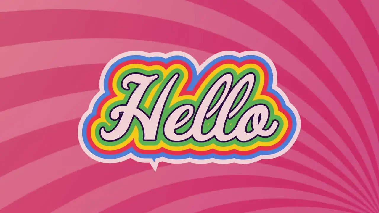 Animation of hello text banner over radial rays in seamless pattern on pink background