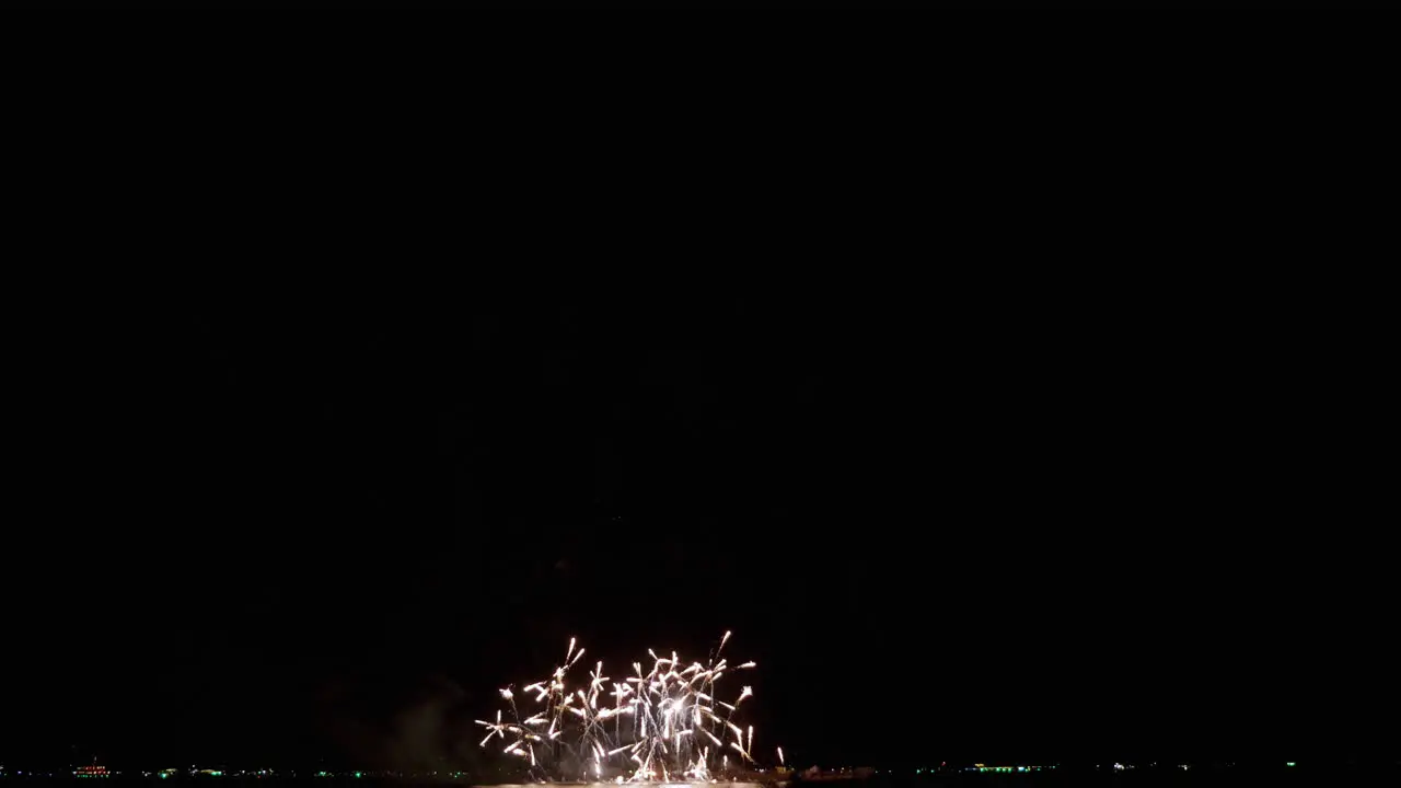 Big red explosions in the middle followed by crisscrossing rockets ending in red flames Pattaya international Fireworks Festival 2023 Thailand