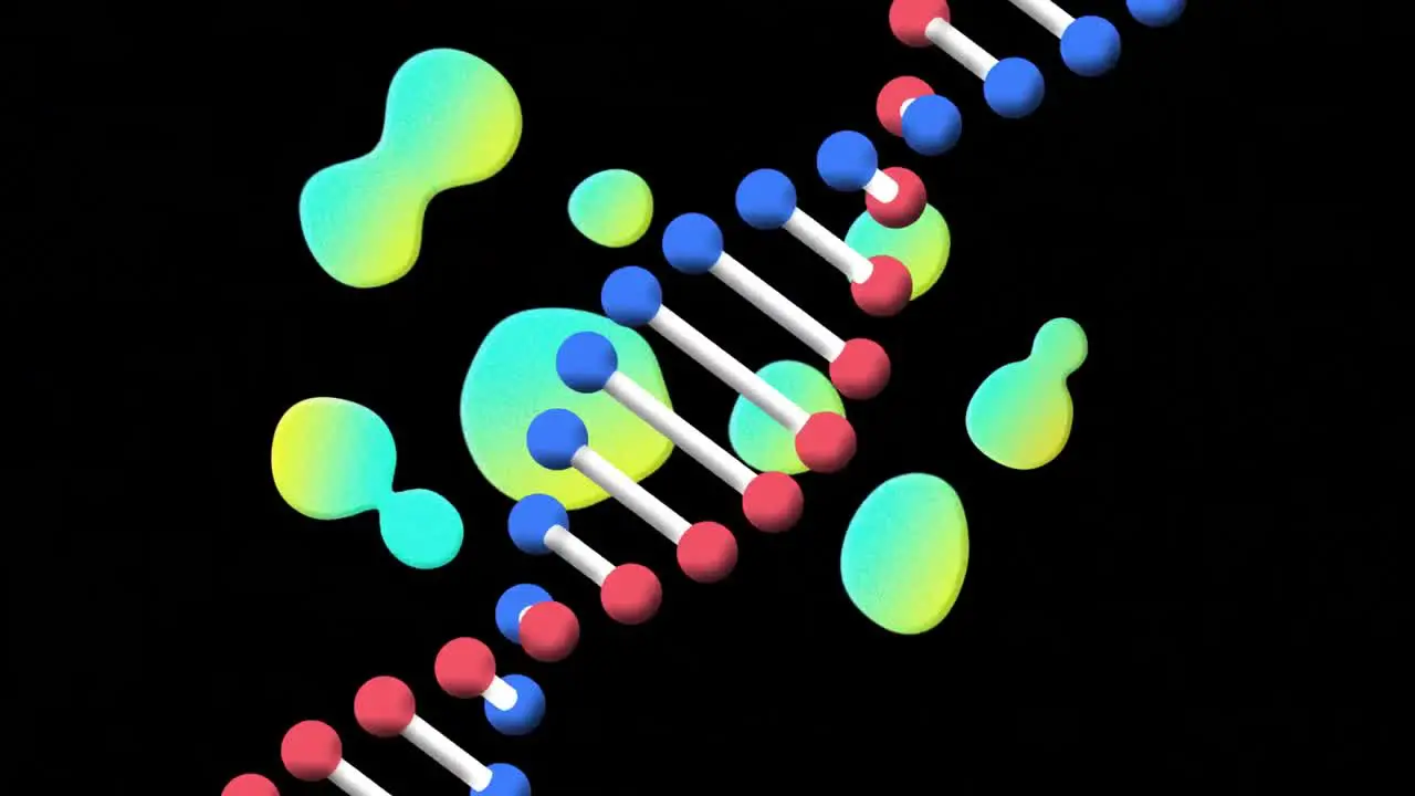 Animation of rotating strand of dna and green virus cells on black background