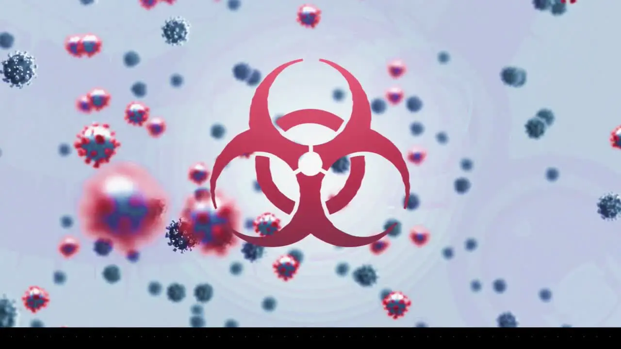 Animation of biohazard sign and multiple virus cells floating on light blue background