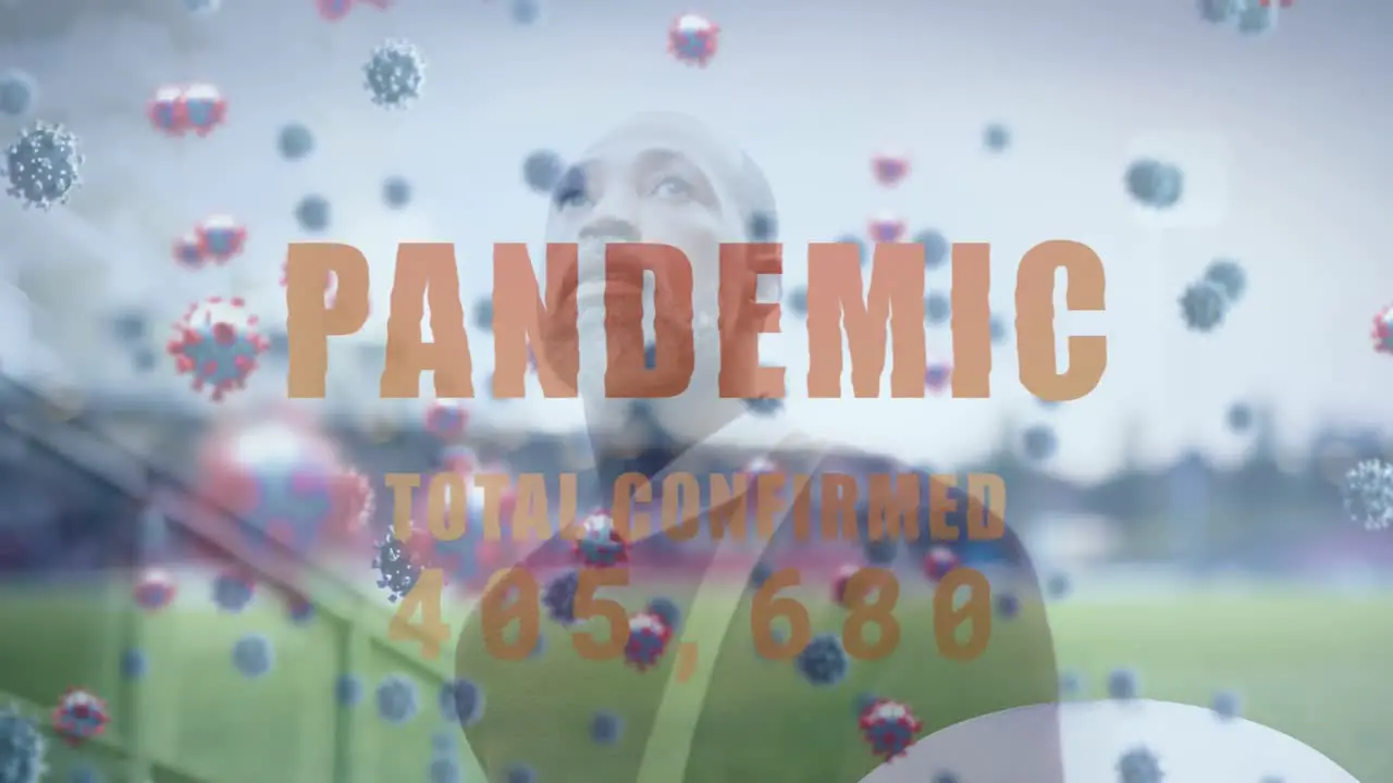 Animation of pandemic text and virus cells over african american man